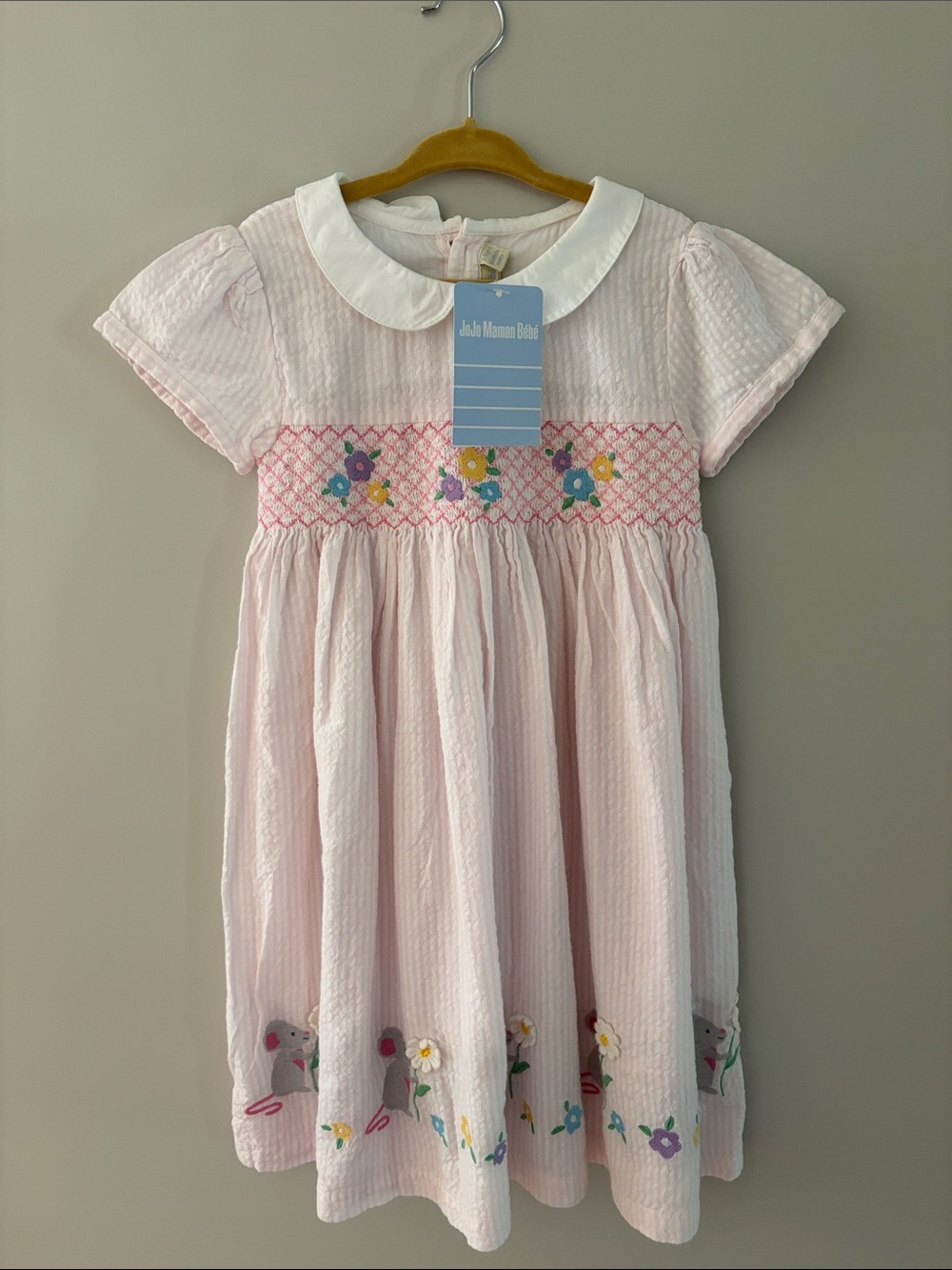 JoJo Maman Bebe Pale Pink Smocked Dress with Multicolor Floral Embroidery - NWT